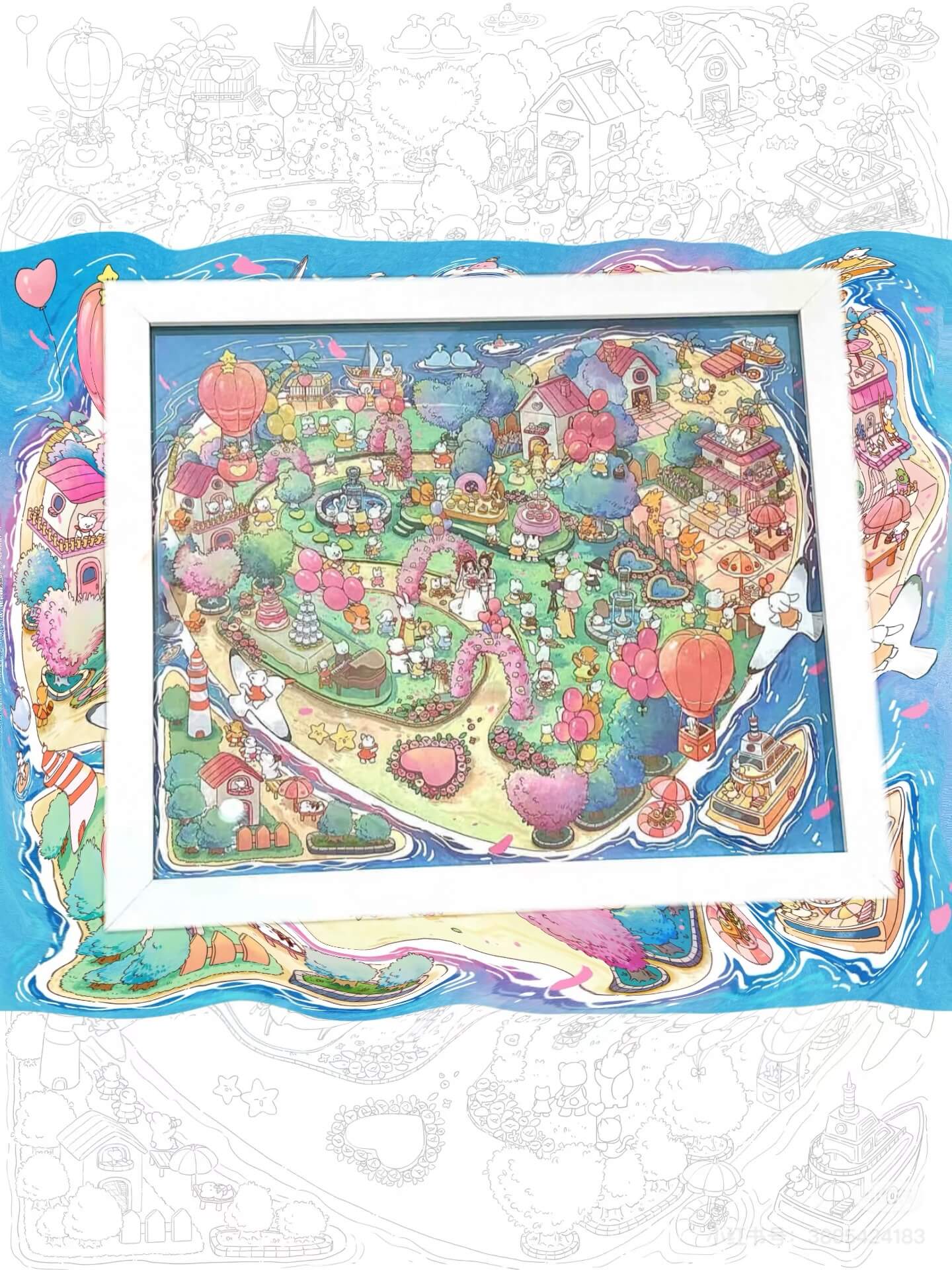 A completed “Island Wedding” diorama scene sticker displayed in a white picture frame. The heart-shaped island is filled with pastel-colored wedding decorations, balloons, and cartoon characters, showcasing a lively and romantic celebration.