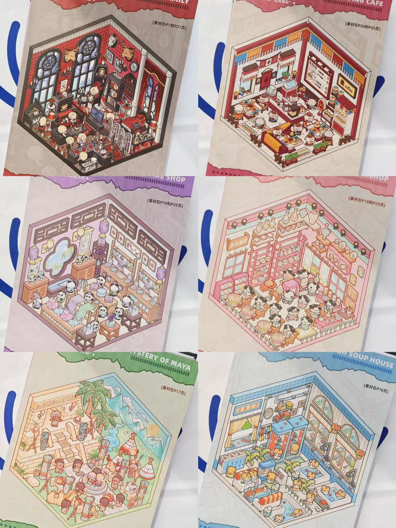 Set of illustrated posters depicting different cafe interiors.