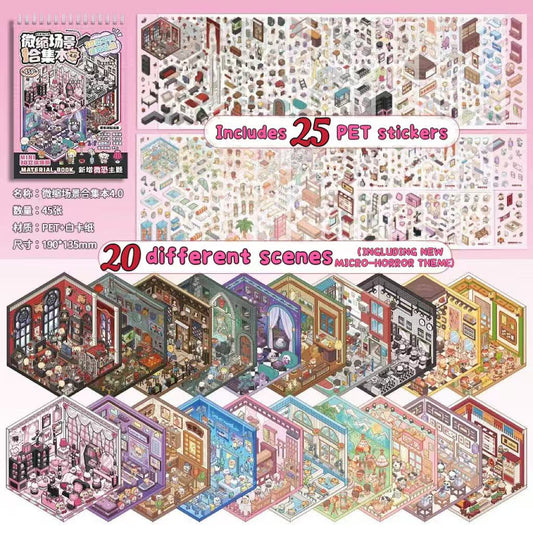 Set of miniature room models with a pink border and text indicating 25 PET stickers included.