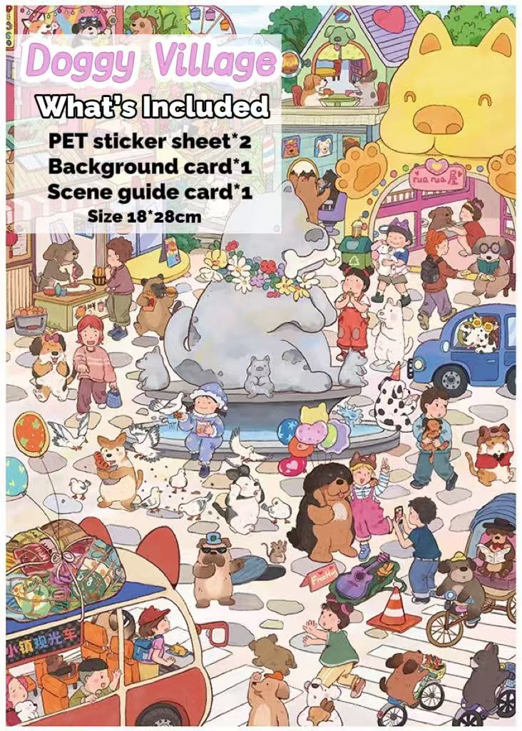 Doggy Village themed product packaging with various characters and elements.