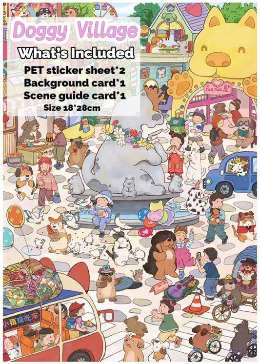 Doggy Village themed product packaging with various characters and elements.