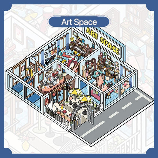 Scene sticker titled ”Art Space” showing a creative studio with rooms for music, painting, reading, and café-style relaxation, housed in a modern glass-walled building.