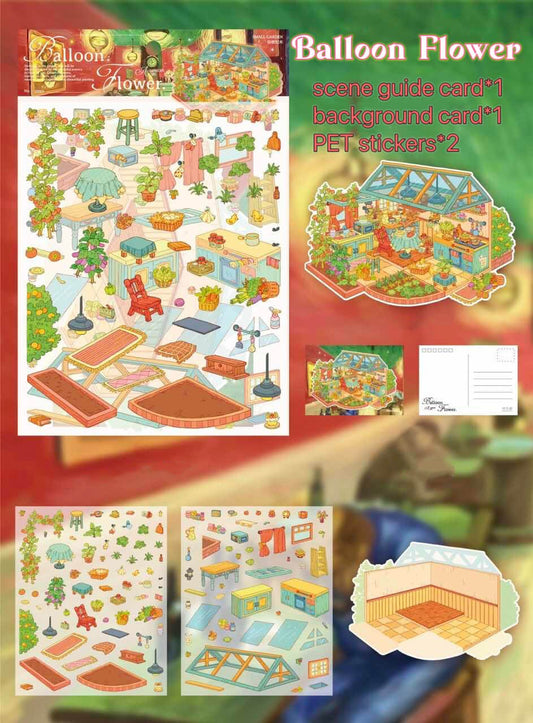Balloon Flower sticker kit with a cozy kitchen and greenhouse scene; includes 2 PET sticker sheets, 1 background card, and 1 scene guide.