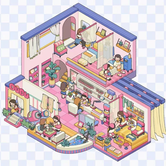 Lovely Little Moments – Beauty and Nail Salon scenery sticker with pink interior, cozy nail stations, and spa treatment rooms