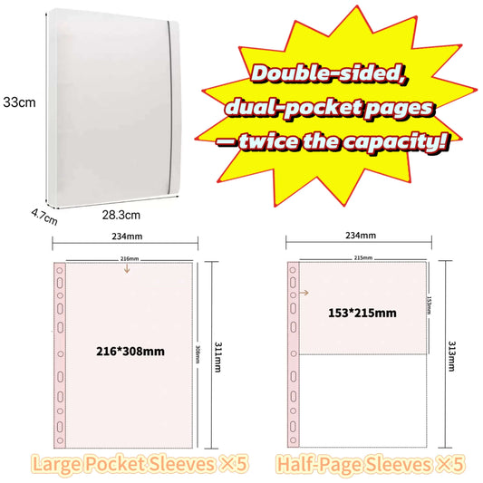 Measurement chart for double-sided, dual-pocket pages with dimensions and capacity information.