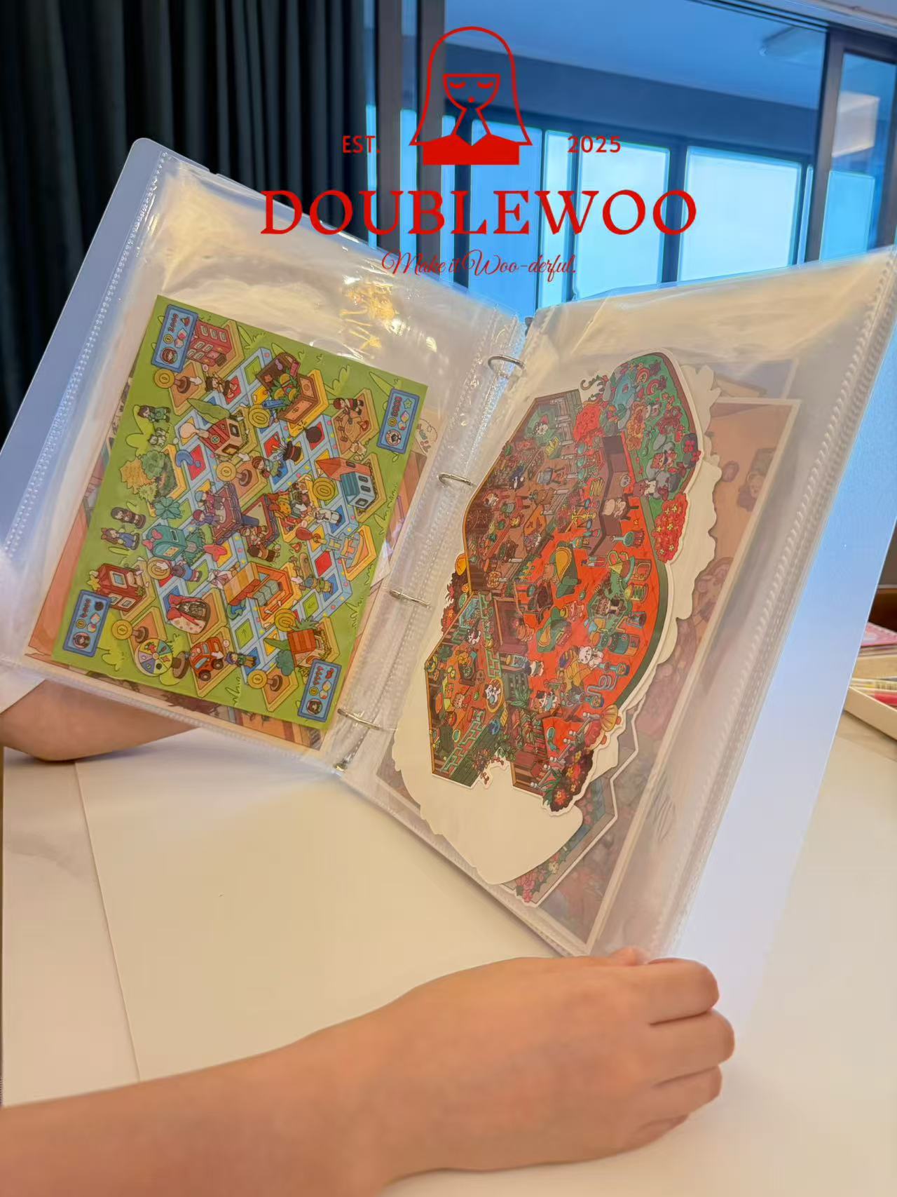 Colorful board game pieces in a DoubleWoo packaging with a visible logo.