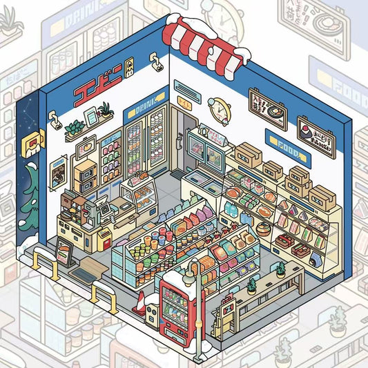 Illustration of a colorful store interior with various products and fixtures.