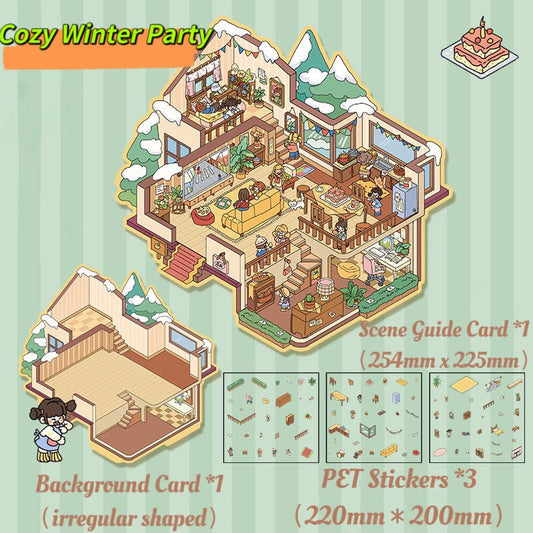 Snowy mountain cabin illustration for Cozy Winter Party, featuring fireplace, kitchen, and festive interior. Comes with guide card, background, and PET sticker set