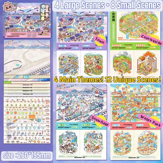 Set of illustrated posters with various scenes and themes on a blue background.