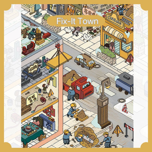 A bustling construction-themed town scene sticker featuring workers repairing roads, buildings under renovation, a crane lifting materials, vehicles, tools
