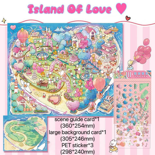 A product flat lay showing the full contents of the “Island Wedding” diorama sticker set. Includes one scene guide card, one illustrated background card featuring a heart-shaped island, and three PET sticker sheets with various characters, decorations, and wedding-themed elements used to build the scene.