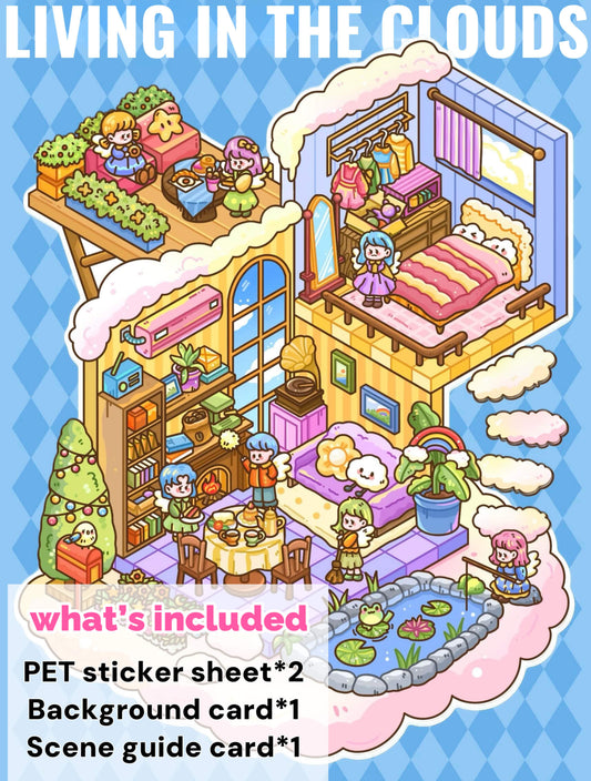 Living in the Clouds scene sticker โ dreamy cloudscape scene with floating houses and soft pastel tones