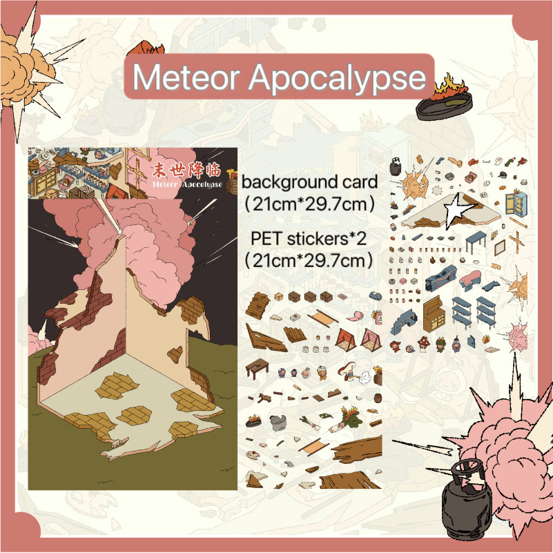 Contents of the ”Meteor Apocalypse” scene sticker set – includes a printed background card and two PET sticker sheets