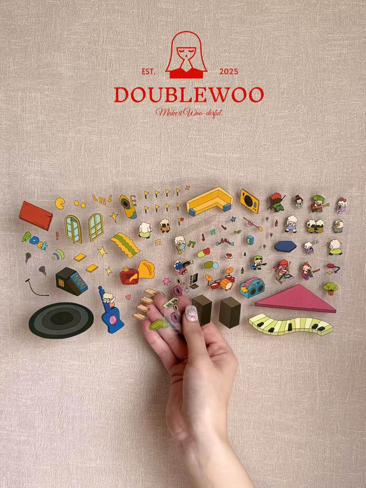 Doublewoo Music Hut PET scenery sticker sheets – creative decorative stickers with music-themed elements like characters, musical notes, piano keys, stage, speakers, instruments including drums, saxophone, and guitar, perfect for journaling, scrapbooking, and DIY scene creation.