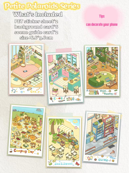 Set of six illustrated cards with different scenes, including a living room, kitchen, and outdoor setting, on a white background.