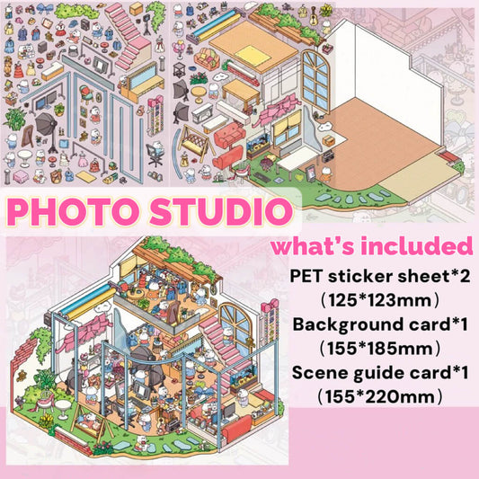 PHOTO STUDIO scenery sticker set – includes PET stickers, background card, and scene guide card with detailed studio elements and layout guide