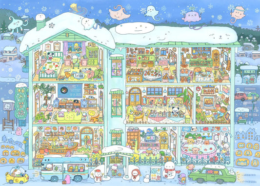 Illustration of a colorful, multi-story building with various shops and activities on a snowy day.