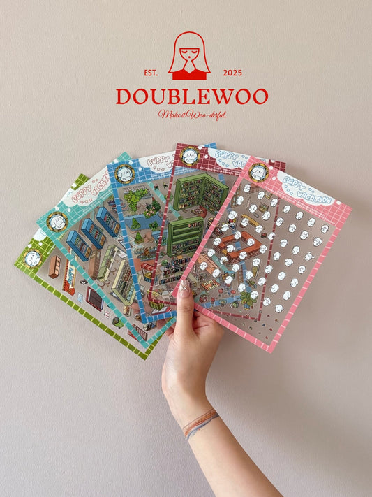 Puppy Vacation 1.0 scenery sticker set – cinema, library, park and store in one bundle – DOUBLEWOO