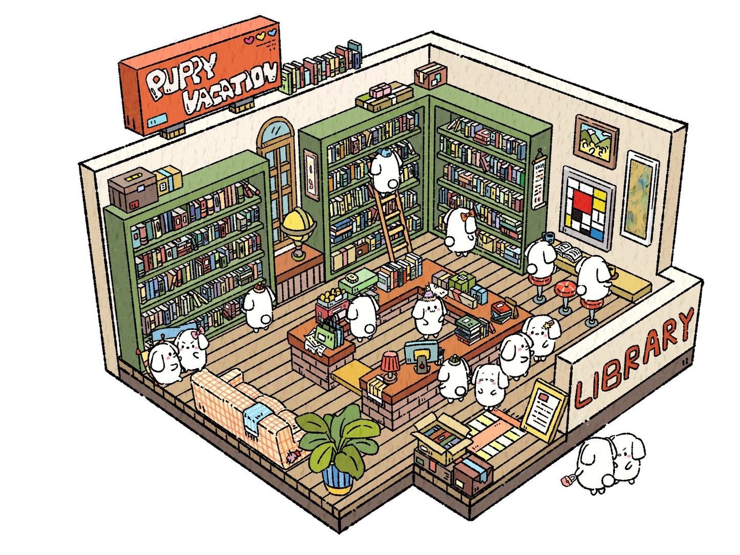Library-themed PET sticker with puppies reading books – DOUBLEWOO Puppy Vacation series