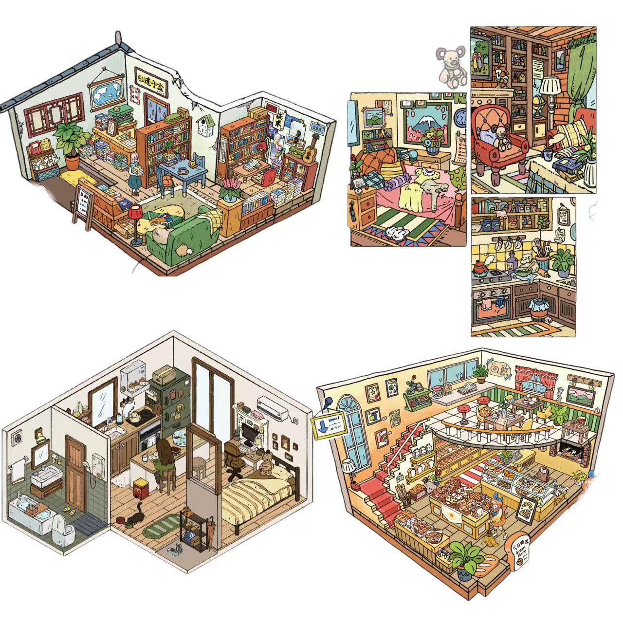 Romance in the Corners full sticker set – includes Alley Bookstore, Romantic Stay, Romantic Shots, and Corner Bakery scenes