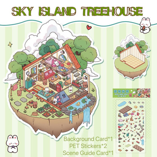 Sky Island Treehouse full sticker set – DOUBLEWOO fantasy DIY scene sticker with background card