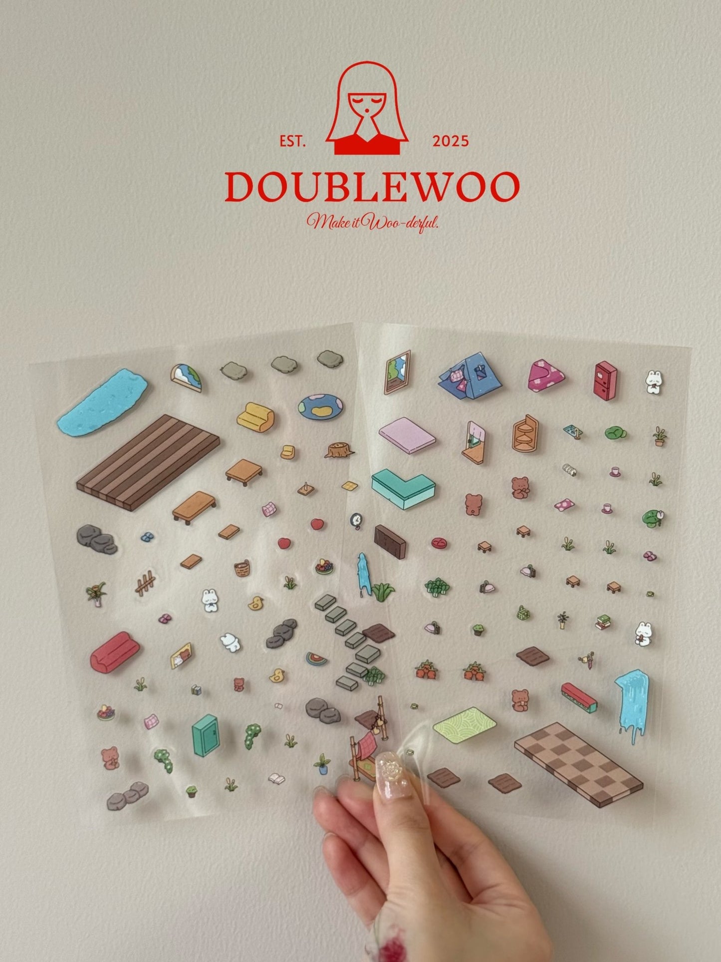 Close-up of DOUBLEWOO Sky Island Treehouse PET sticker – transparent, waterproof bunny theme scenery sticker