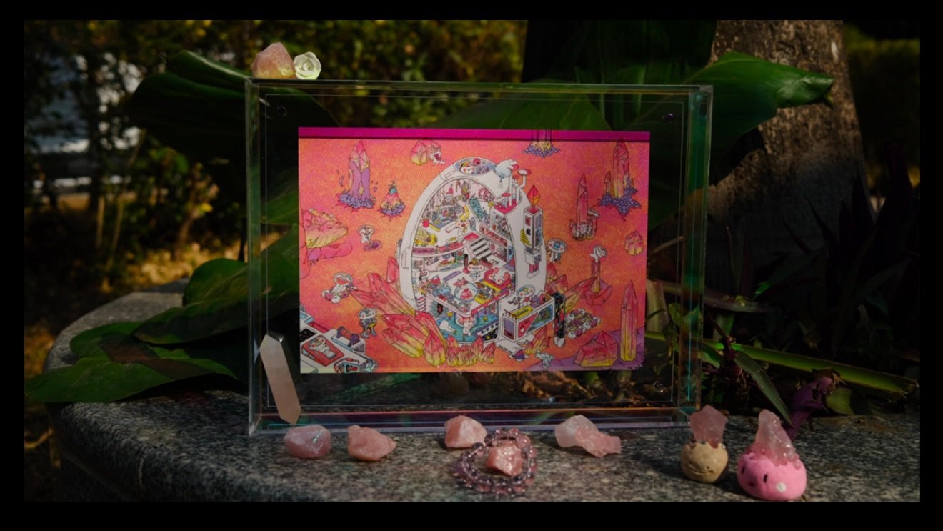 Completed scene of the Little Rascals Space Adventure Mission GB504b diorama sticker set, displayed inside an acrylic dust cover. The fully assembled space station scene showcases vibrant characters and detailed sci-fi elements in a clean, collectible-ready format