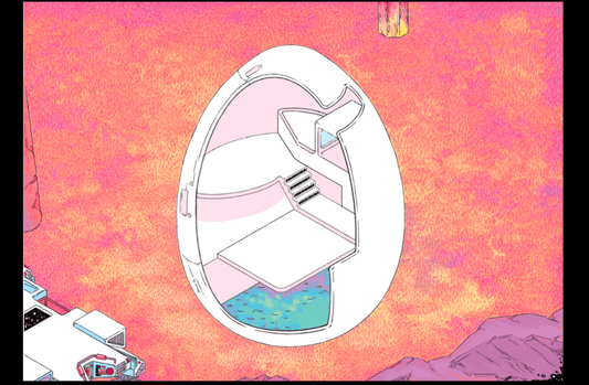 Background card for Little Rascals Space Adventure diorama set. Displays an empty futuristic space capsule structure with layered platforms, set against a vivid pink alien terrain