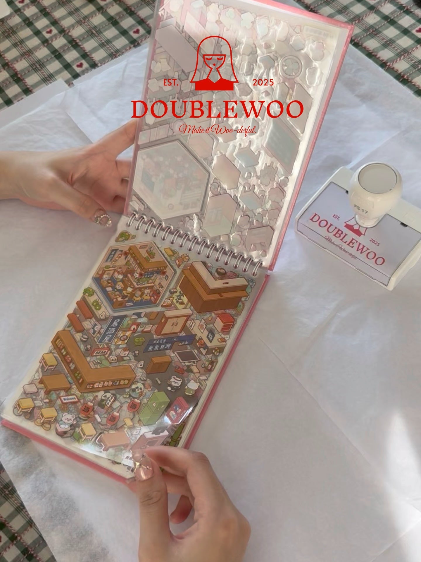 Inside DOUBLEWOO Telado Sticker Book – 3D scene sticker pages with PET stickers and backgrounds