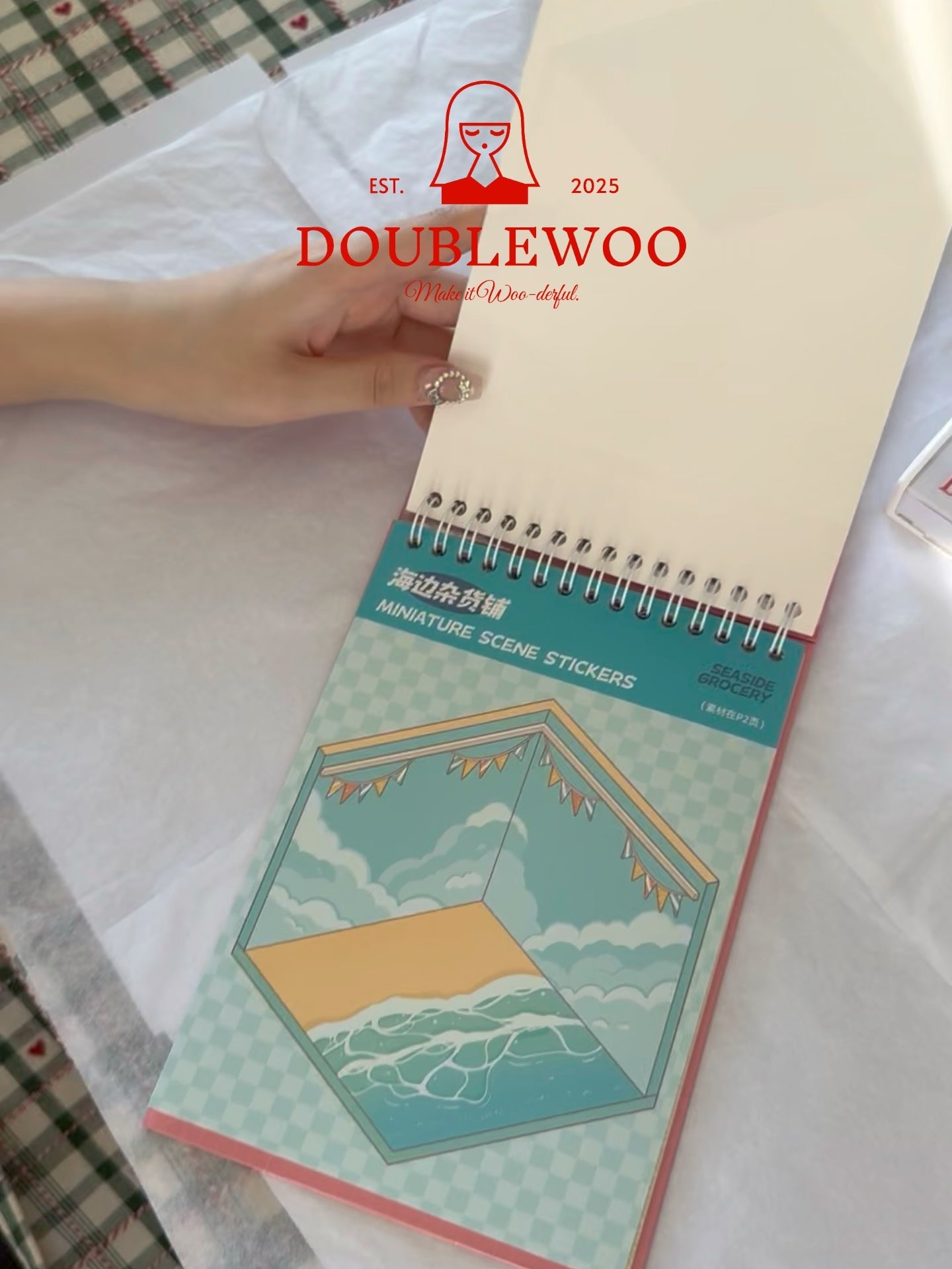 Inside DOUBLEWOO Telado Sticker Book – 3D scene sticker pages with PET stickers and backgrounds