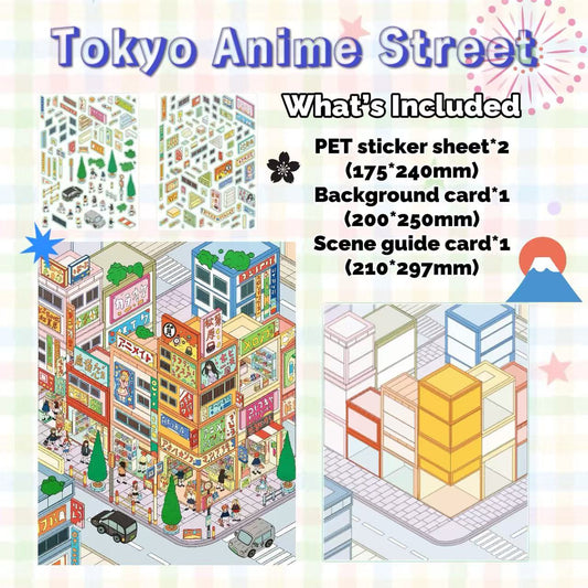 Illustration of a Tokyo anime street scene with included items listed.