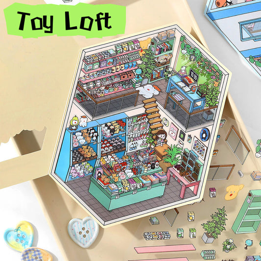 Illustration of a toy store with 'Toy Loft' branding