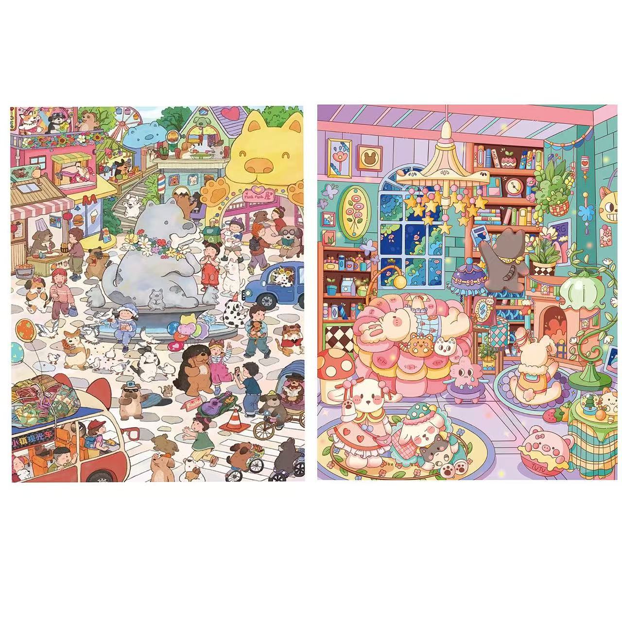 Two panels of a colorful illustration featuring various cartoon characters in a vibrant setting.