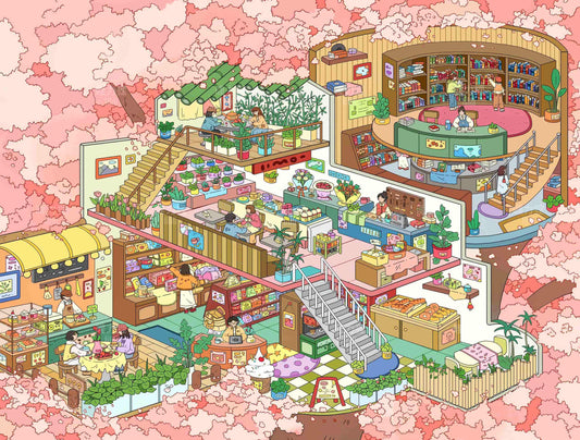 Illustration of a colorful, multi-level building with various shops and activities on a cherry blossom background.