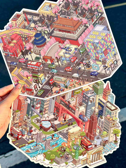 Colorful cityscape puzzle held by a hand with a blue surface in the background