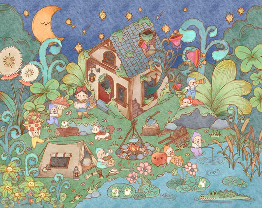 Colorful illustration of a fairy tale scene with a house, campfire, and various fairy characters in a fantasy landscape.