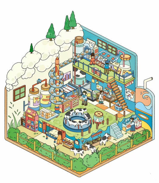 Illustration of a colorful factory with various machines and workers on a white background