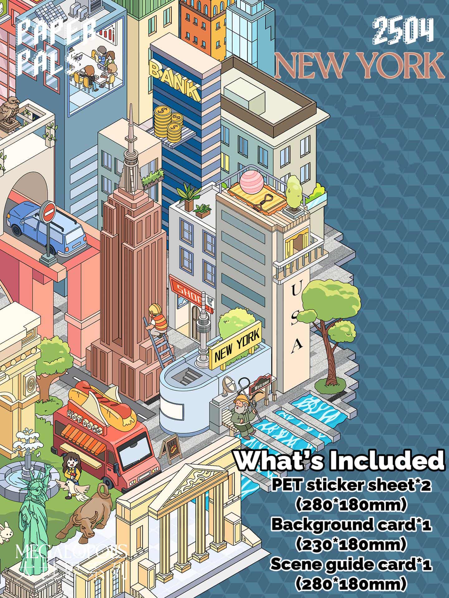 Illustrated cityscape of New York with various elements and text on a blue background.