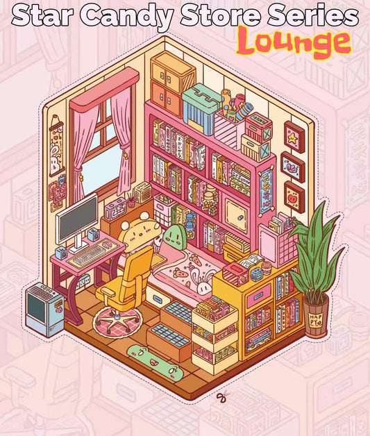 Illustration of a cozy room with bookshelves, a chair, and various items, labeled 'Star Candy Store Series Lounge'.