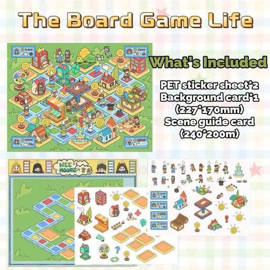 Board game components including a PET sticker sheet, background card, and scene guide card on a colorful background.