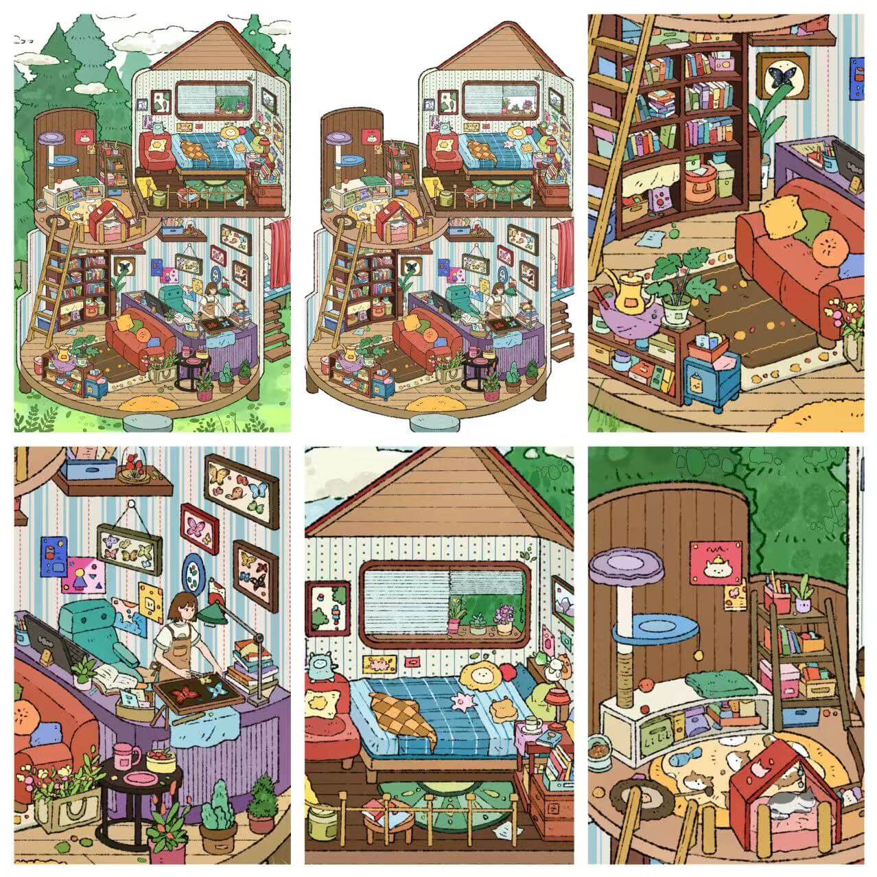 Illustrations of a cozy house interior with various rooms and furniture.
