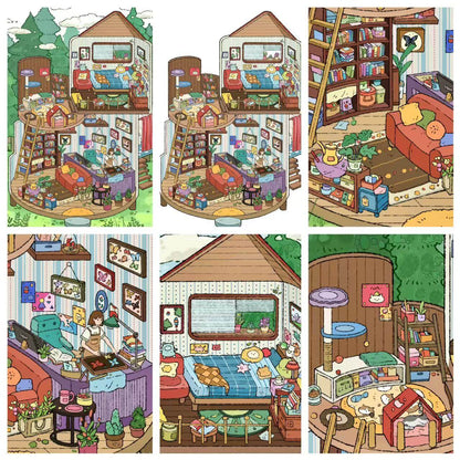 Illustrations of a cozy house interior with various rooms and furniture.