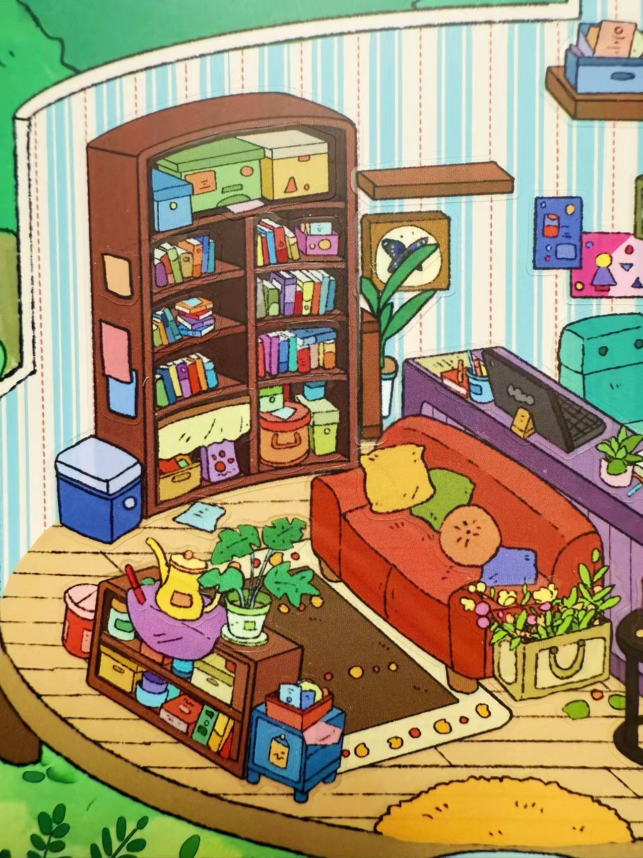 Cartoon-style living room with a bookshelf, sofa, and various decor items.
