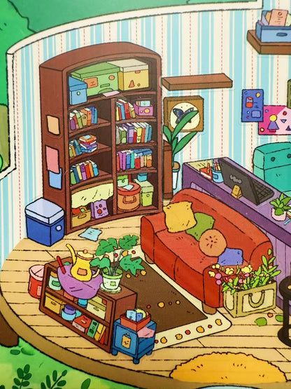 Cartoon-style living room with a bookshelf, sofa, and various decor items.
