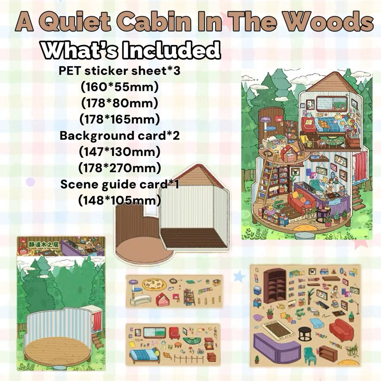 Product set for 'A Quiet Cabin In The Woods' with various included items and dimensions.