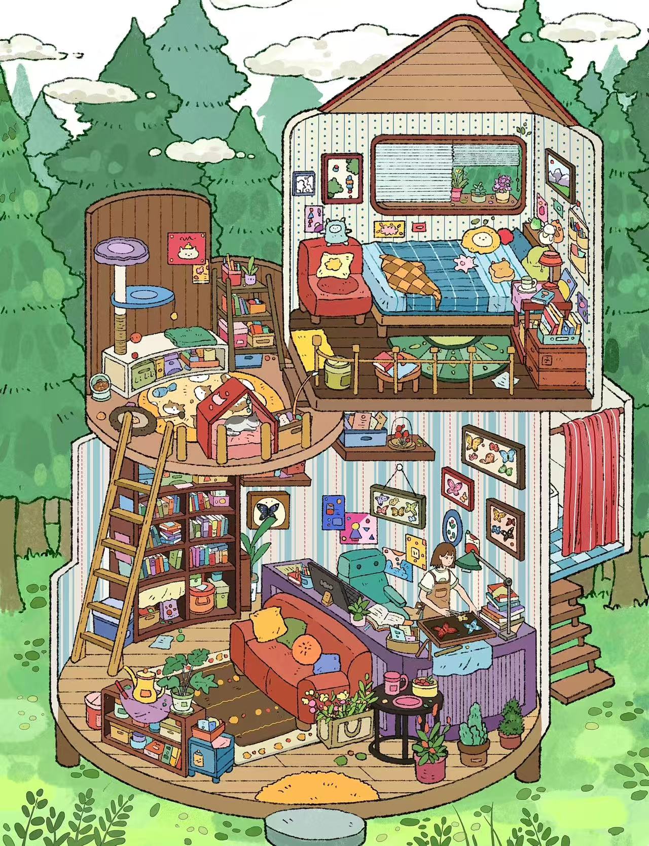 Illustration of a cozy house with various rooms and activities
