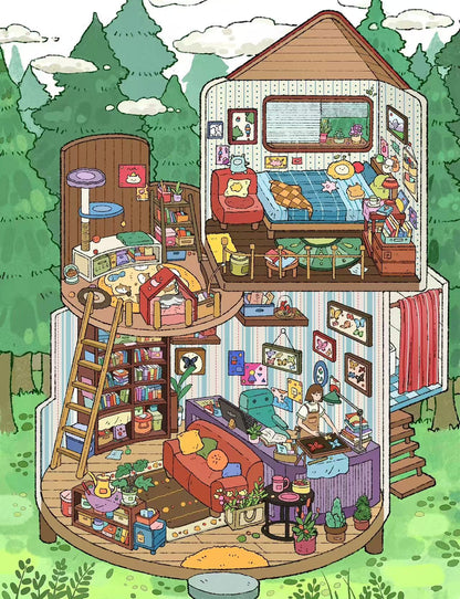 Illustration of a cozy house with various rooms and activities