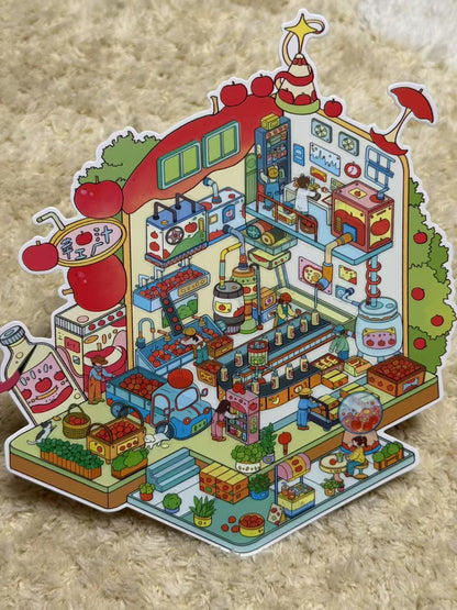 Colorful toy town set on a textured beige background