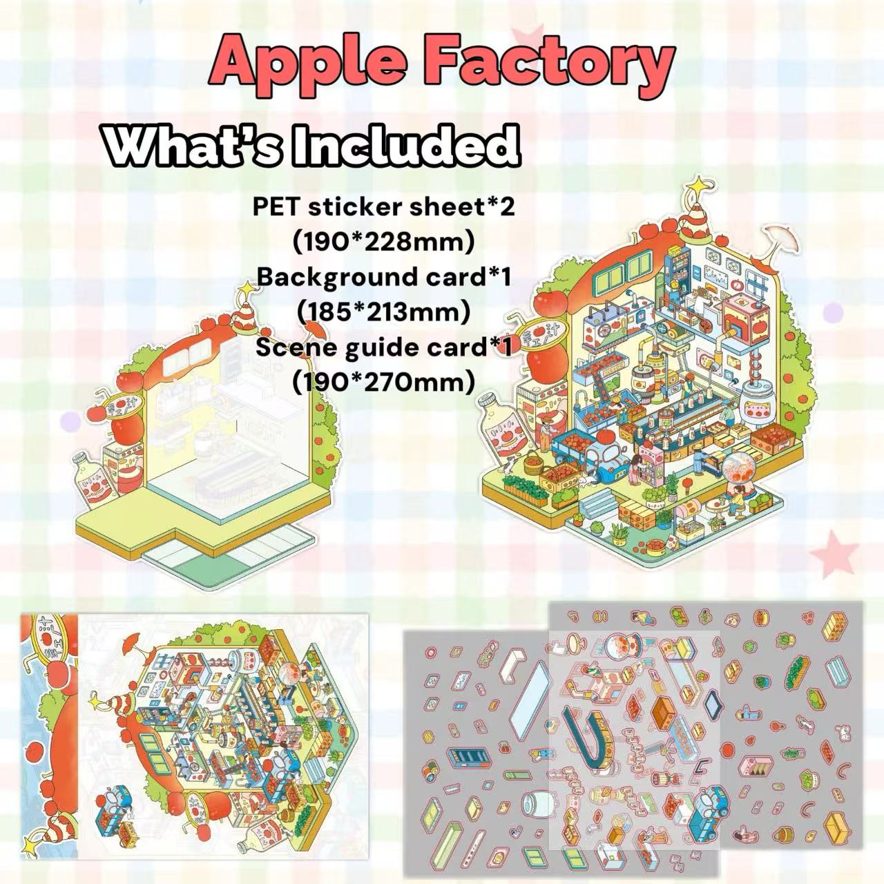 Apple Factory product set with PET sticker sheet, background card, and scene guide card on a gray background.