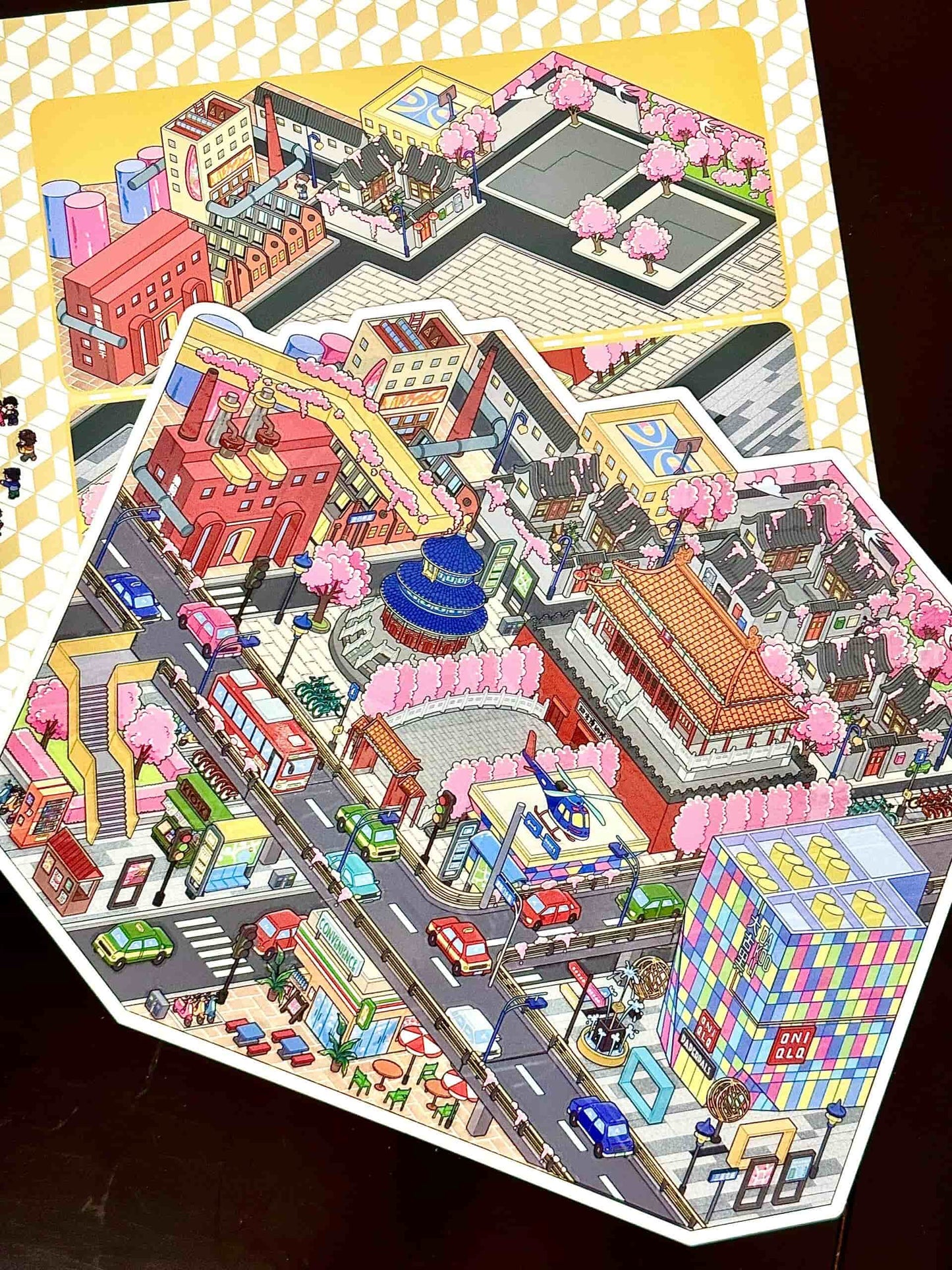 Colorful cityscape illustration with various buildings and vehicles on a hexagonal grid.